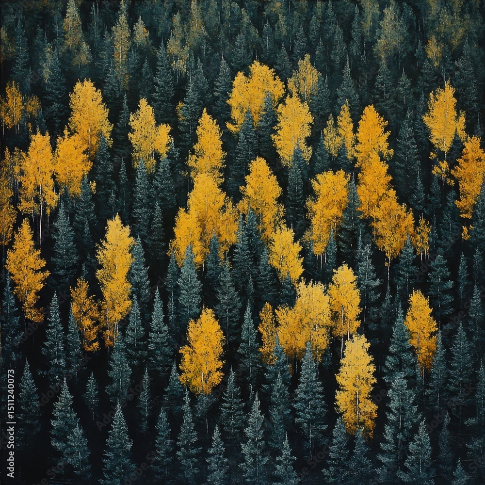 Aerial view of a forest with golden aspen trees interspersed among dark evergreens, creating a striking autumnal pattern Aerial view of a forest with golden aspen trees interspersed among dark evergreens, creating a striking autumnal pattern