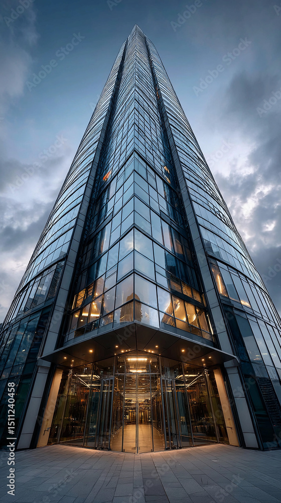 Naklejka premium Modern skyscraper towering against a moody sky at dusk