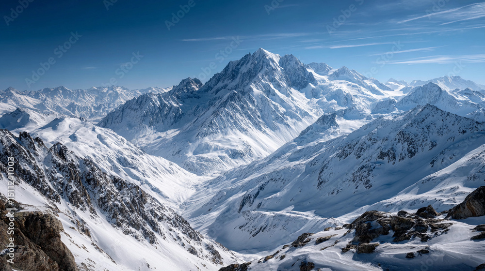 Obraz premium Snow-covered mountains under clear blue sky in winter landscape