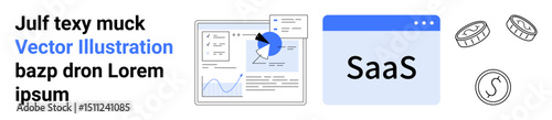 Data analysis dashboard with pie chart and growth graph, SaaS text on a browser window, and economic icons. Ideal for technology, SaaS, finance, marketing, startups, data analysis simple landing