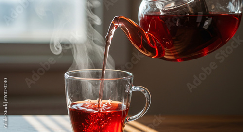 Hot tea is pouring from glass teapot into cup. Hibiscus red tea in glass cup close-up view