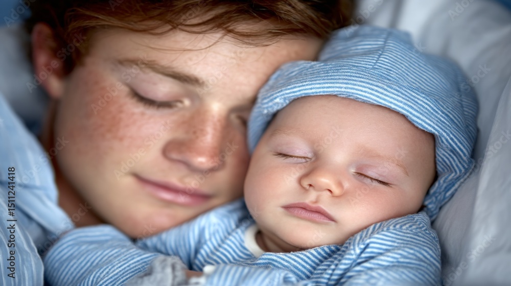 Young woman with freckles peacefully sleeps while holding a baby in her arms Young woman with freckles peacefully sleeps while holding a baby in her arms