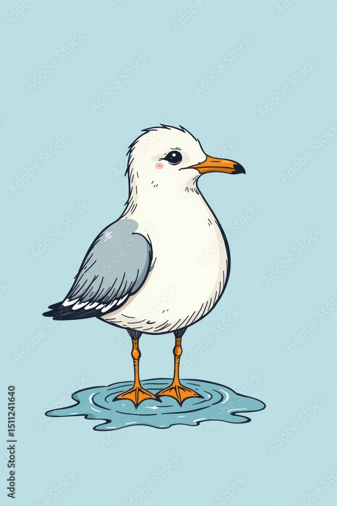 Fototapeta premium A cute illustrated seagull stands in a small puddle on a light blue background.
