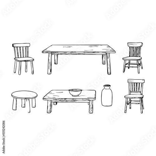 Hand Sketched Furniture Icons with Wooden Chairs Table Bowl and Decorative Pot