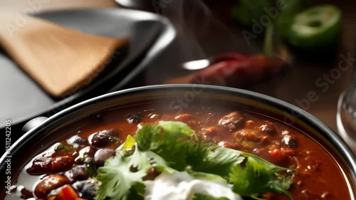 Delicious hot black bean chili, served in a black bowl, garnished with fresh cilantro leaves and cool dollop of sour cream, ready to eat