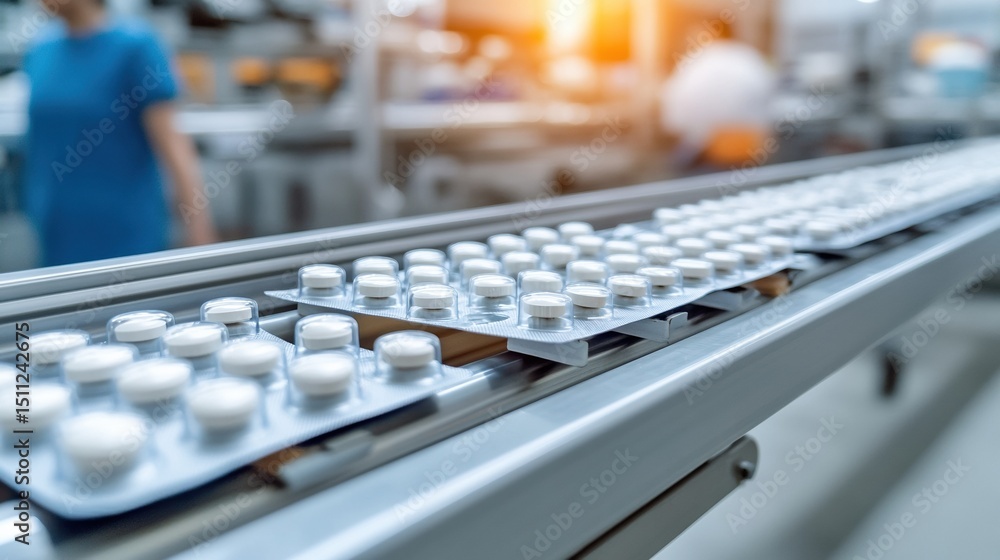 Fototapeta premium Close-up of a modern pharmaceutical production line with pill packaging.
