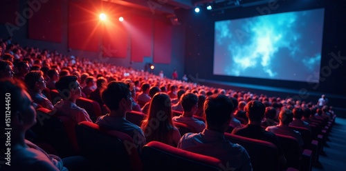 Crowd of figures seated in a cinema hall looking at the screen in unison, theater, film viewing, seating
