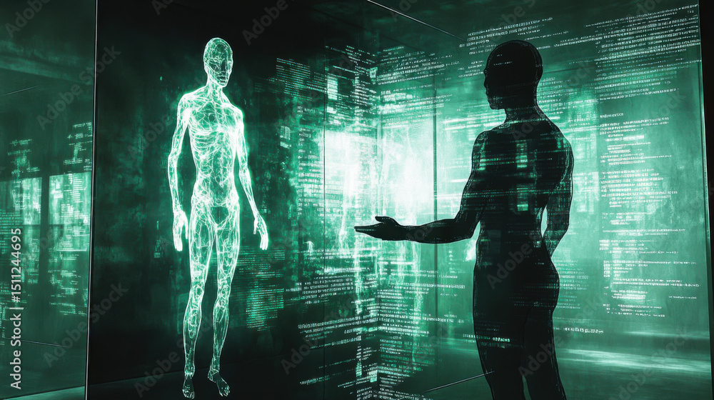Obraz premium human figure in front of a digital mirror, with their digital reflection showing locked away data files