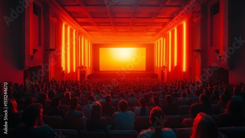 Wallpaper Mural Interior view of a classic cinema hall illuminated by vibrant orange neon lights and a brightly lit screen. The audience fills the seats, watching a film. The setting evokes a sense of anticipation. Torontodigital.ca
