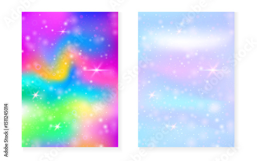 Unicorn background with kawaii magic gradient. Princess rainbow hologram. Holographic fairy set. Colorful fantasy cover. Unicorn background with sparkles and stars for cute girl party invitation.