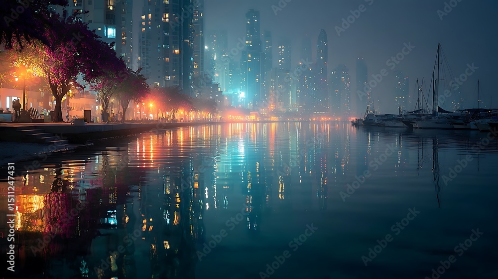 Fototapeta premium Night City Harbor Reflections.