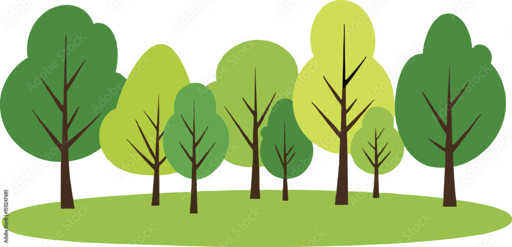 Fototapeta premium Flat style forest landscape with various green trees on grass. Cartoon nature scenery vector clip art isolated on transparent background. Perfect for eco or outdoor themes.
