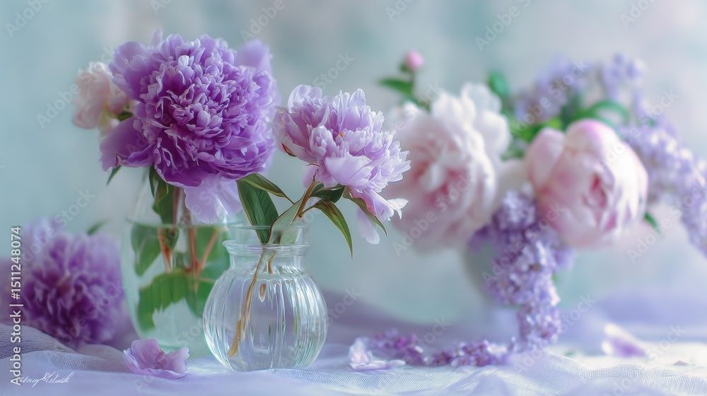 Obraz premium Elegant Arrangement of Purple and Pink Peonies in Glass Vases on a Soft Background