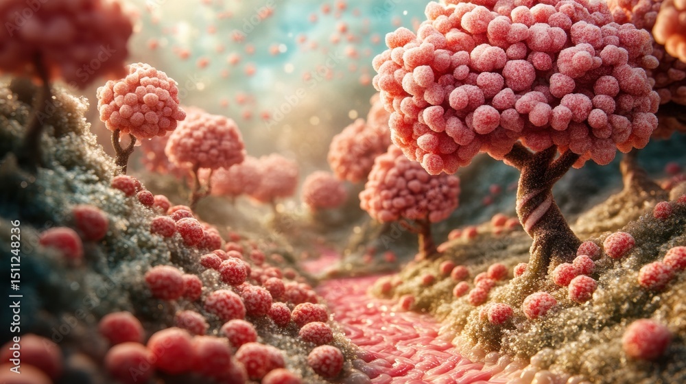 Obraz premium Microscopic Landscape with Spherical Cell Structures and Pathways