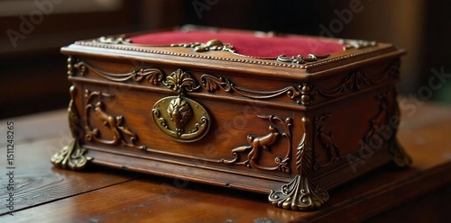 Elegant antique wooden jewelry box with intricate carvings, brass hinges, and a velvet interior Perfect for storing precious jewelry or keepsakes , hinges, collectible