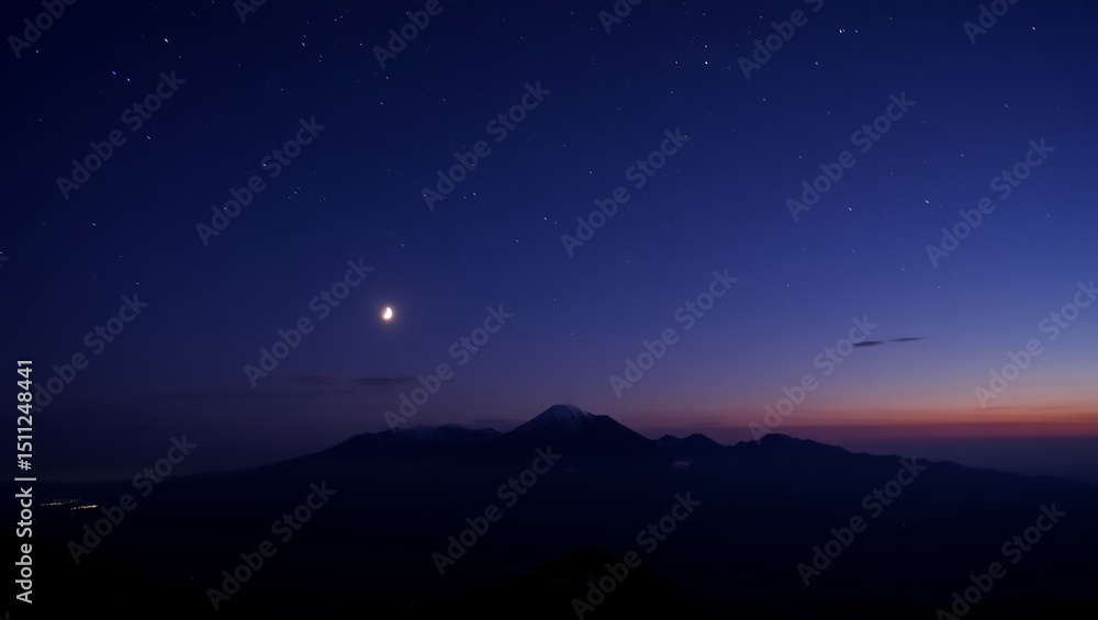 Naklejka premium Night Sky Mountain Landscape with Moon and Stars