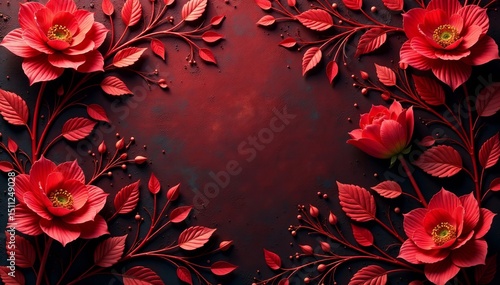 Ornate red floral patterns with curved stems and delicate leaves on a rich background , wallpaper, viktorian, abstract