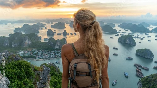 Woman with backpack admiring island scenery at sunset. Features include mountains boats water and town landscape. Warm tones and idyllic setting for travel or adventure.