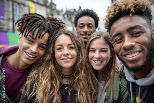 Diverse group of happy young adults smiling outdoors
