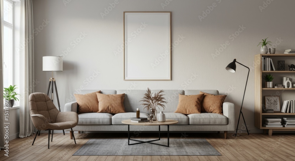 Fototapeta premium Realistic Interior Living Room with Sofa and Wood Floor Design