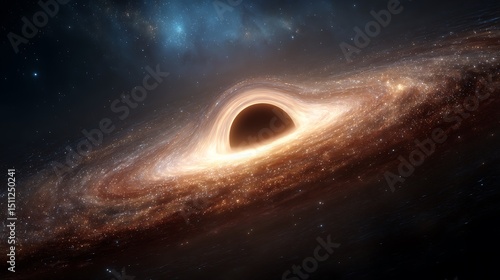 Swirling Black Hole Distorts Space Time With A Bright Ring Of Light Around Its Event Horizon Against A Galaxy Backdrop. Cosmic phenomenon, astrophysics, wallpaper background