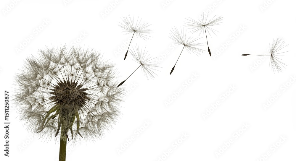 Fototapeta premium Illustration of a Dandelion Seed Head Blowing in the Wind on White