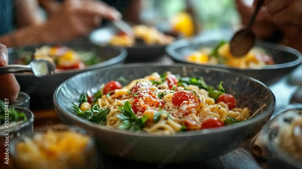 Close Up Of Pasta Dish With Cherry Tomatoes And Greens Served On Grey Plate With Soft Lighting Close Up Of Pasta Dish With Cherry Tomatoes And Greens Served On Grey Plate With Soft Lighting