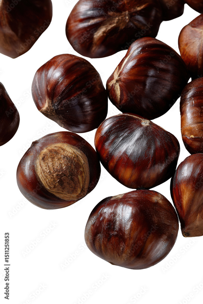 Roasted Chestnuts: A closeup shot of roasted chestnuts, their glossy brown skins gleaming, hinting at the warmth and sweetness within. Roasted Chestnuts: A closeup shot of roasted chestnuts, their glossy brown skins gleaming, hinting at the warmth and sweetness within.