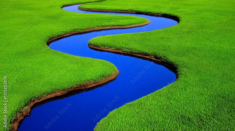 Naklejka premium Serpentine river winding through lush green fields under a clear sky