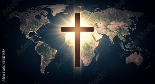 Illustration of World Map with Wooden Cross Symbolizing Global Faith