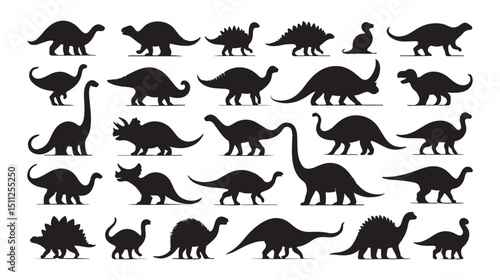 Collection of black silhouette dinosaurs various species