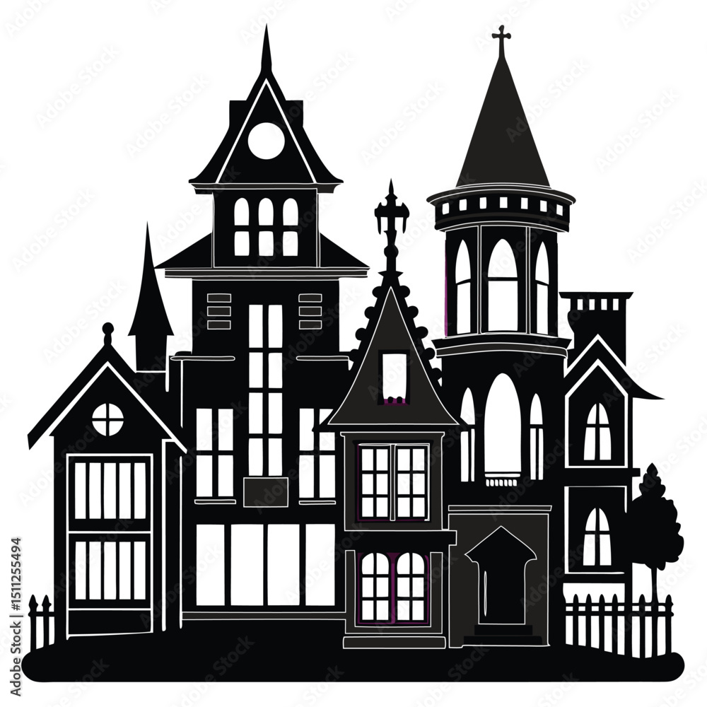 Fototapeta premium Cottages Houses Silhouette Vector Art