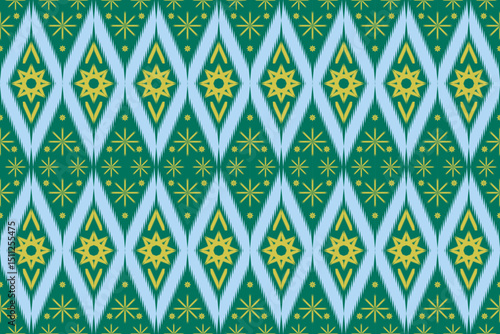 Seamless ethnic geometric pattern with star and diamond shapes in green, yellow, and light blue. Traditional decorative design inspired by textile or fabric motifs. Ideal for backgrounds, wallpapers, 