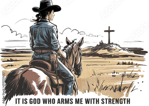 It is God who arms me with strength and makes my way perfect, Psalm 18:32 Inspirational Bible Verse Illustration – Rugged Cowgirl on Horseback Holding Bible – Western Faith Artwork with Distant Cross 
