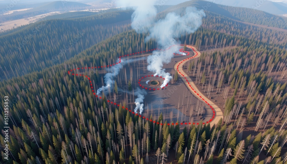 Fototapeta premium Controlled burn in forest concept. Forest landscape with smoke and signs of disturbance.