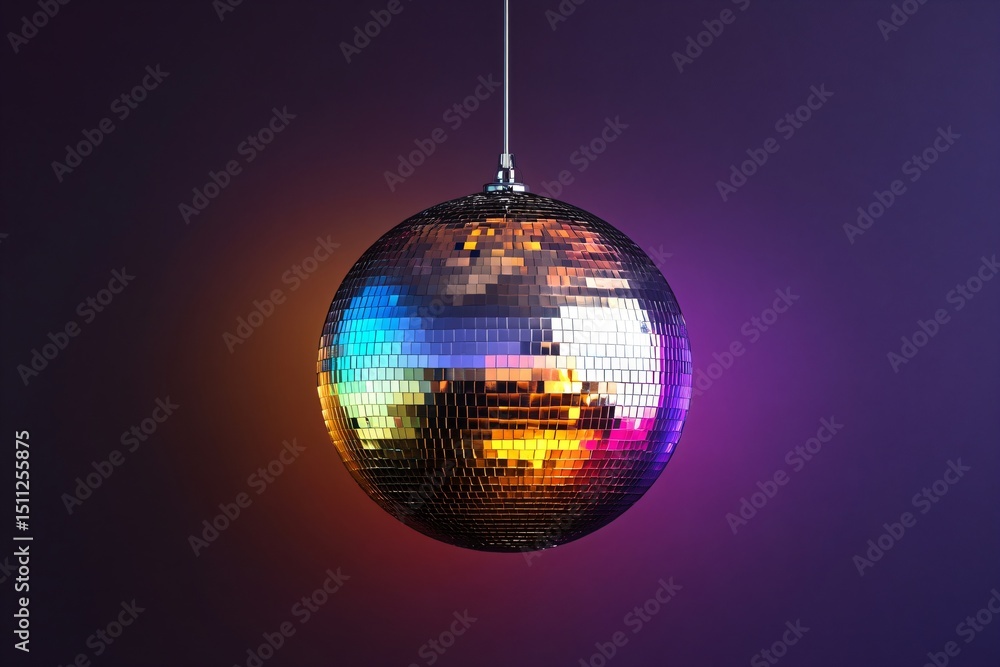 Fototapeta premium Shiny disco ball hanging against a colorful background. Retro party and nightlife concept for celebration decor.