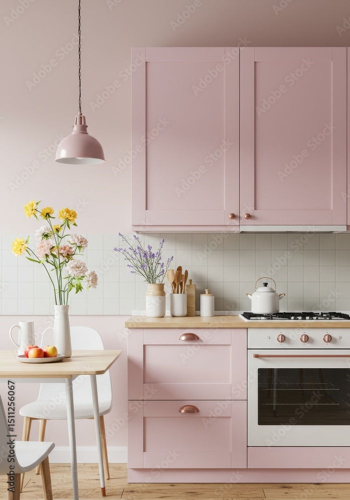 Fototapeta premium Realistic Interior Pink Kitchen with Flowers Table and Modern Design