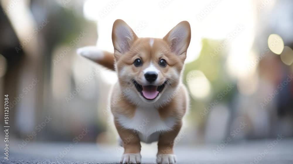 Joyful Corgi Puppy Running Towards Camera With Happy Expression on Street Background Joyful Corgi Puppy Running Towards Camera With Happy Expression on Street Background