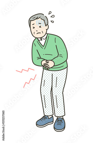 腹痛でお腹を押さえて苦しむ高齢男性のイラスト
