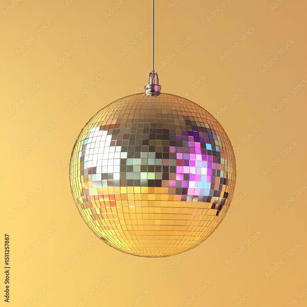 Fototapeta premium Shiny reflective disco ball hanging from ceiling on orange background. Party decoration for celebration and fun.