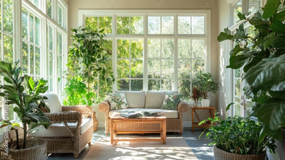 Sun-drenched sunroom with lush greenery and comfortable seating Sun-drenched sunroom with lush greenery and comfortable seating