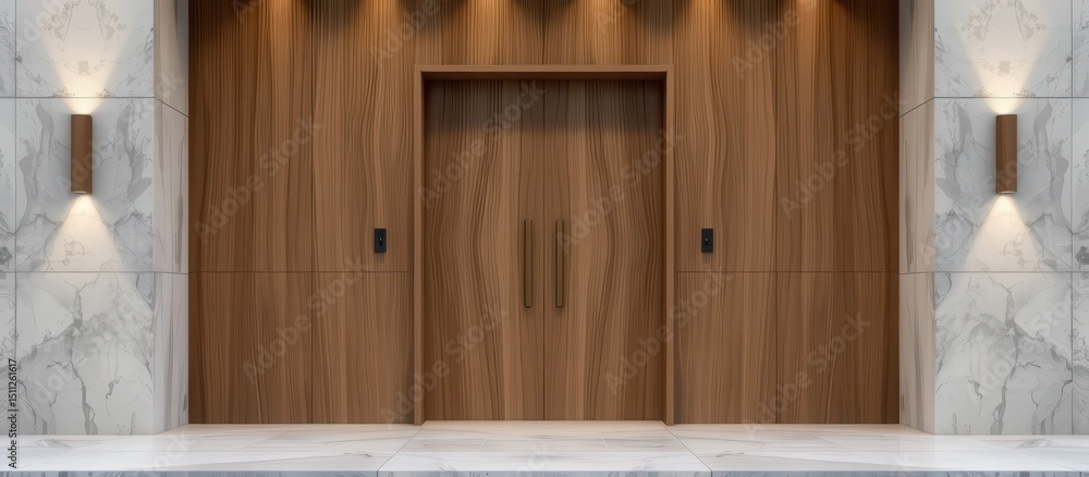 Stylish modern entrance door concept. Modern wooden elevator doors in an elegant marble lobby setting. Stylish modern entrance door concept. Modern wooden elevator doors in an elegant marble lobby setting.