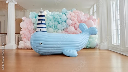 Pastel balloon garland backdrop with inflatable blue whale and striped lighthouse party decoration in a light-filled modern room.