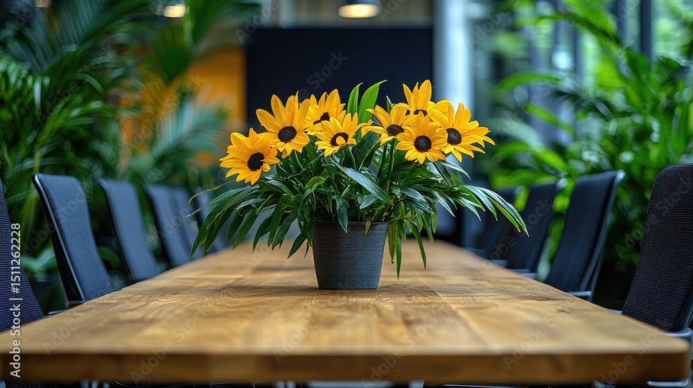 Fototapeta premium Yellow sunflowers in a pot on a wooden table