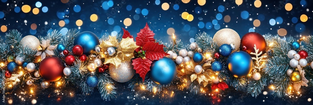 Festive Holiday Garland with Decorations and Bokeh Lights Festive Holiday Garland with Decorations and Bokeh Lights