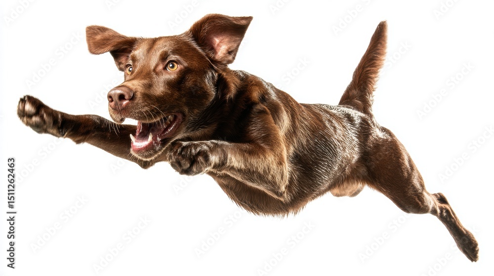 Obraz premium Energetic Chocolate Labrador Retriever in Mid-Air Leap