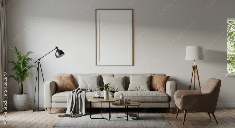 Realistic Interior with Couch Blank Frame and Cushions with Sunlight Realistic Interior with Couch Blank Frame and Cushions with Sunlight