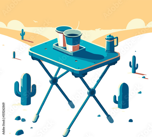 Desert Coffee Break: Minimalist Illustration of a Folding Table with Coffee Cups and Thermos in a Desert Landscape