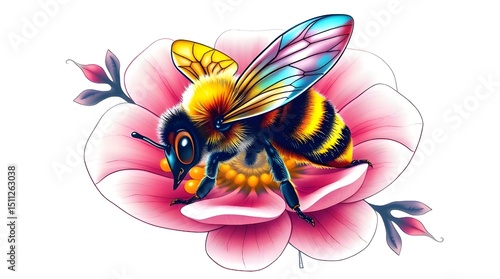 A symbolic traditional tattoo art print of a bee collecting pollen from delicate pink flower petals, glowing bioluminescent iridescent colors, natural light effects, vibrant glow, retro flair, complex