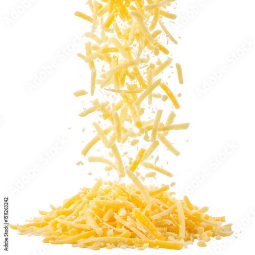 Grated cheese falling isolated on white or transparent background. PNG, cutout
